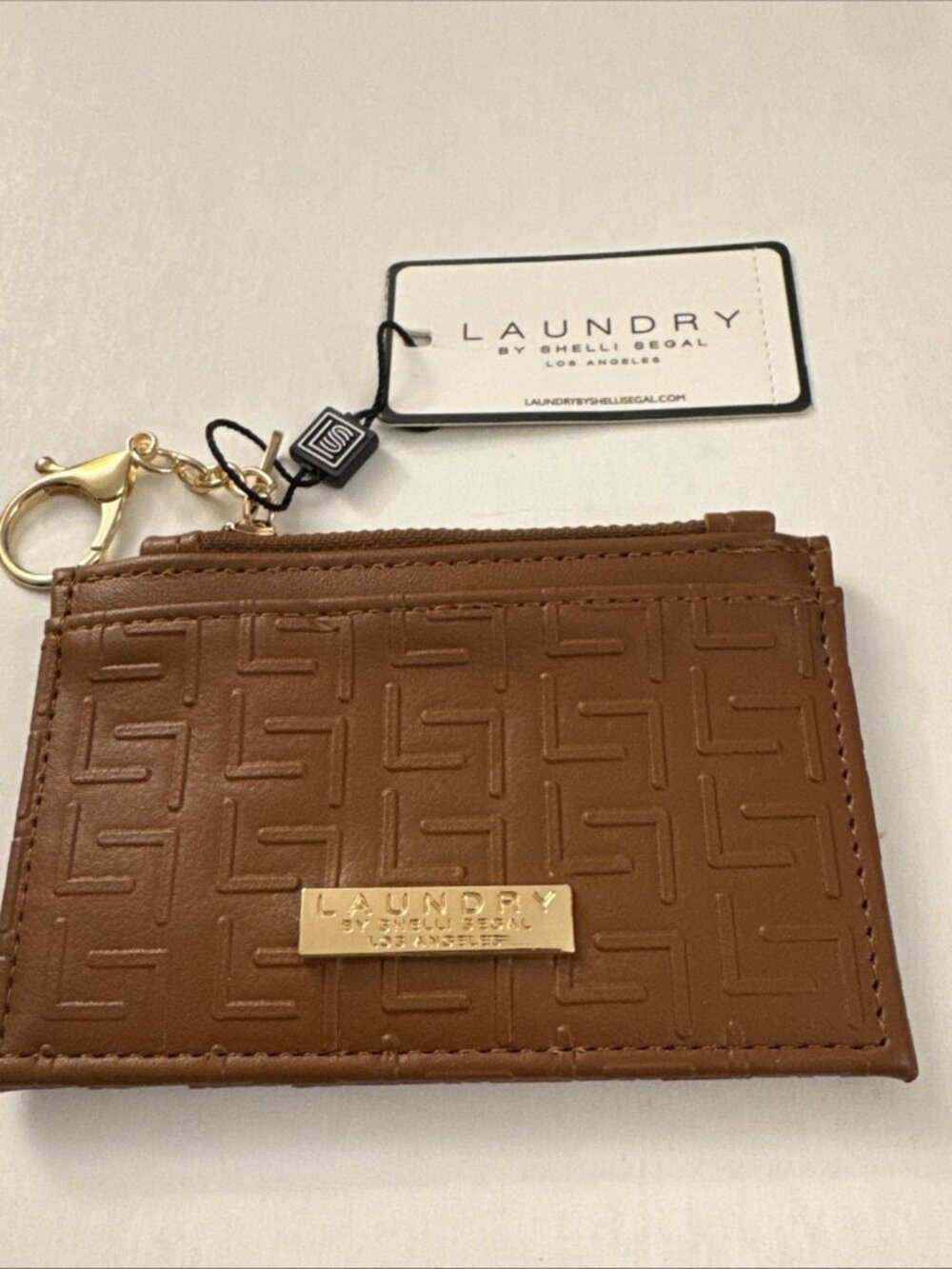 Laundry By Shelli Segal Leather Brown ID Card Case Key Ring ID Wallet Zip D7